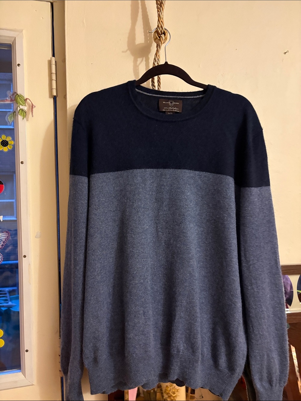 Two-Tone Crewneck Sweater in Navy and Heather Gray. 100. Cashmere